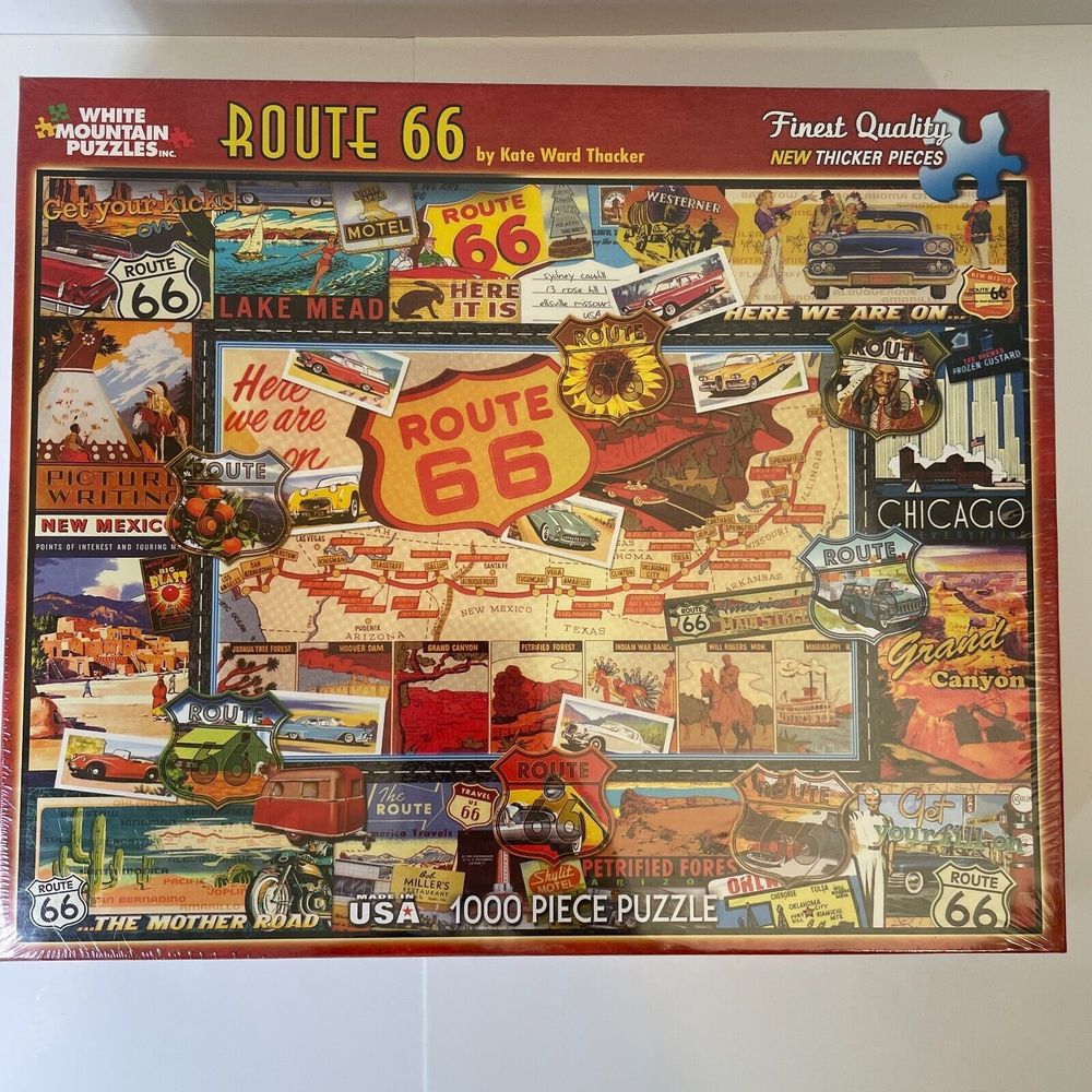 White Mountain Route 66 US Map Landmarks Retro Cars 1000 Piece Jigsaw Puzzle-NEW